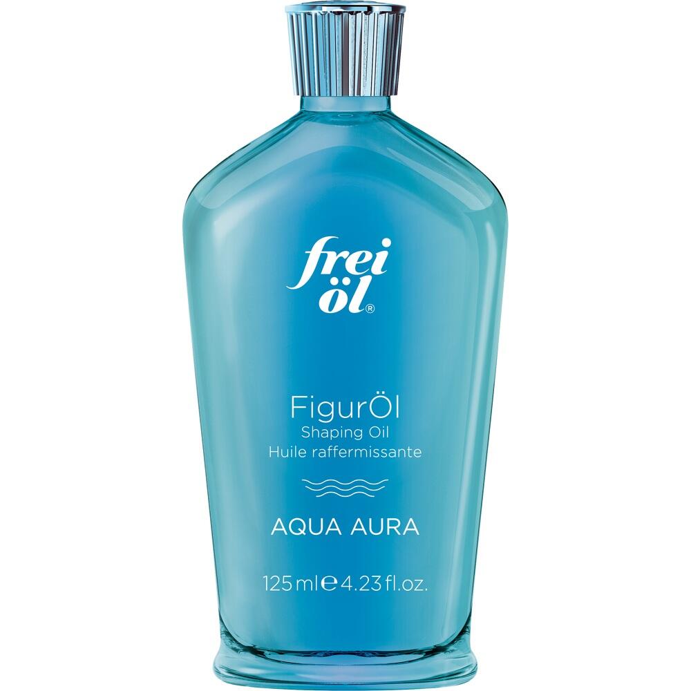 Eine blaue Flasche mit K&ouml;rper&ouml;l von "frei &ouml;l" namens Aqua Aura.