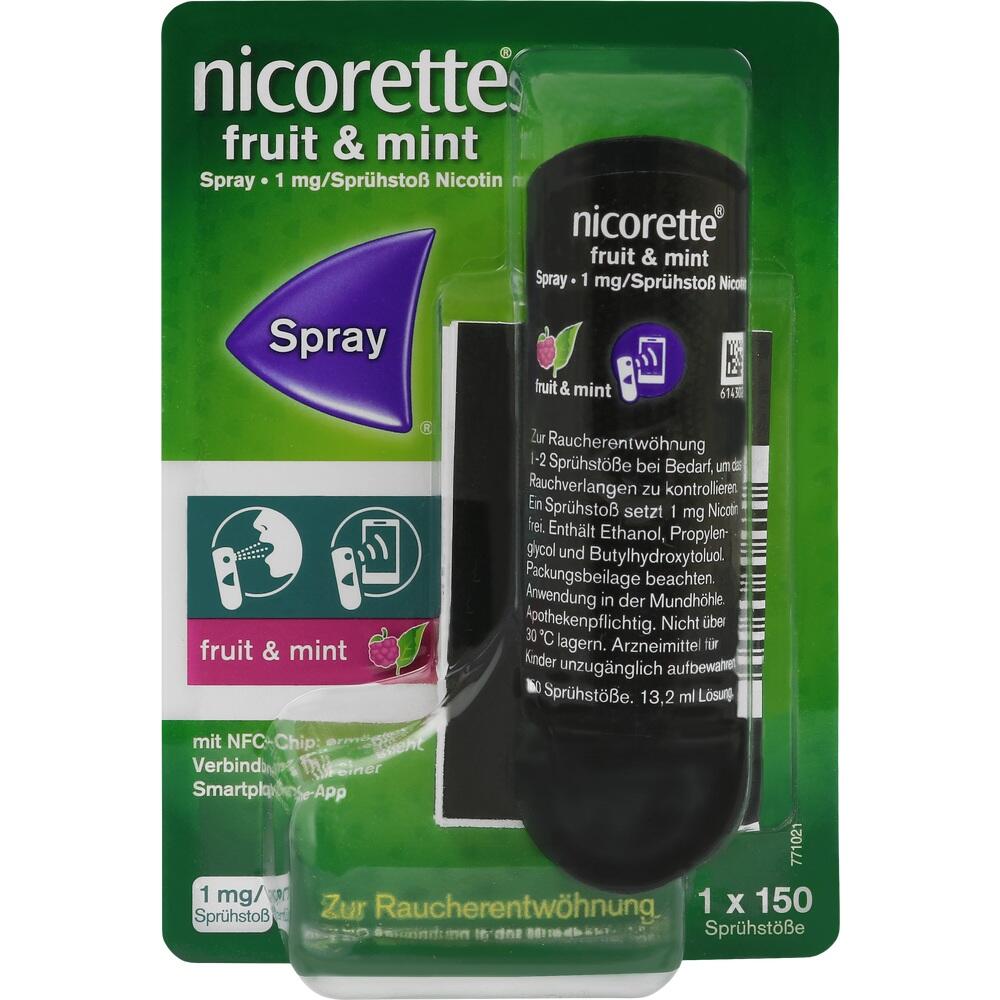 Eine gr&uuml;ne Verpackung mit Nicorette Frucht- und Minz-Nikotin-Spray.