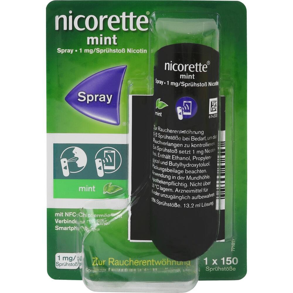 Gr&uuml;ne Verpackung eines Nicorette Minz-Sprays zur Raucherentw&ouml;hnung.