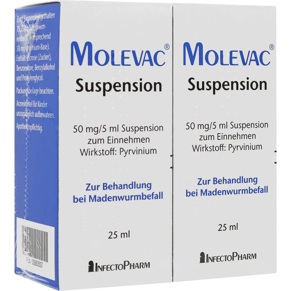 Zwei Packungen einer Medizin namens Molevac zur Behandlung von Madenwurmbefall.