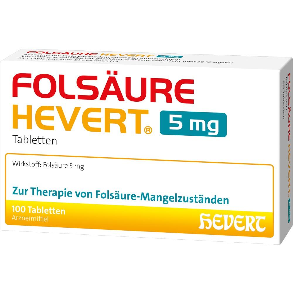Gelbe Packung mit fols&auml;ure Tabletten zur Behandlung von Fols&auml;ure-Mangel.