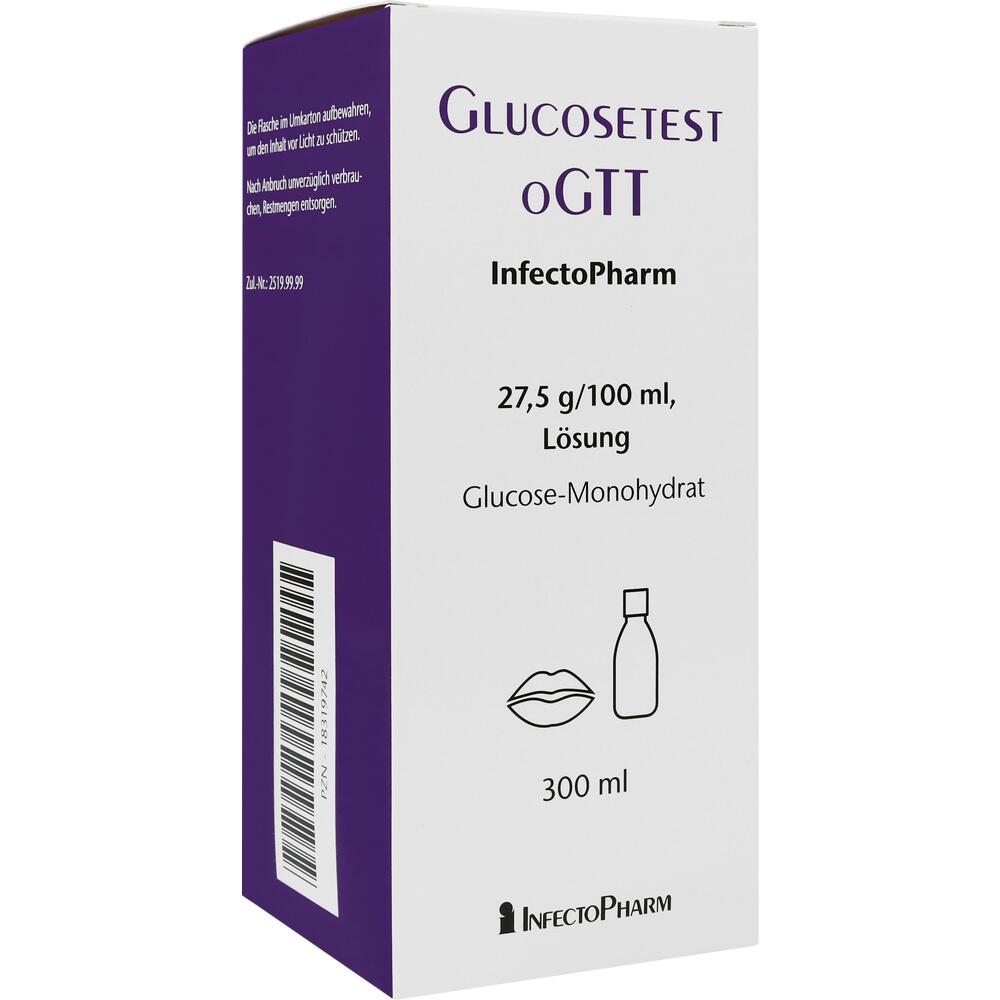 Eine Packung Glucosetest-L&ouml;sung mit 300 ml Inhalt.
