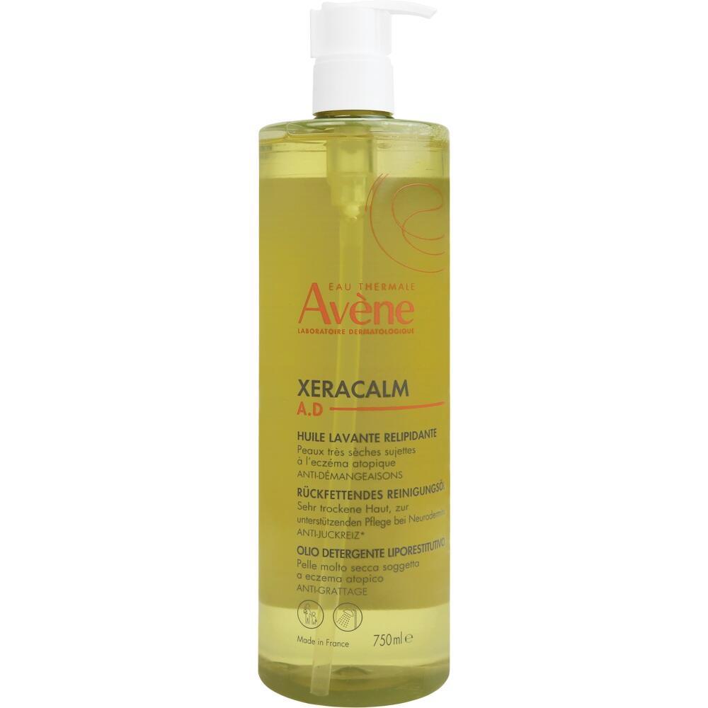 Gelbe Flasche mit R&uuml;ckfettendem Reinigungs&ouml;l von Av&egrave;ne f&uuml;r trockene Haut.