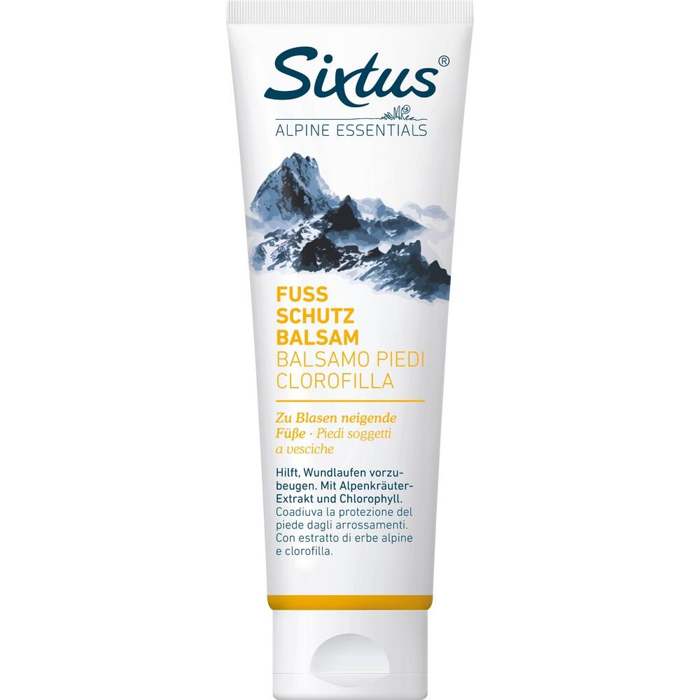 Eine Tube Balsam für Fußschutz gegen Blasen mit Bergmotiv.