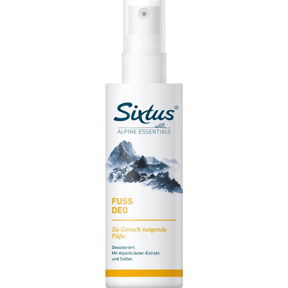 Weiße Sprühflasche mit Fußdeo-Aufschrift und Bergbild.