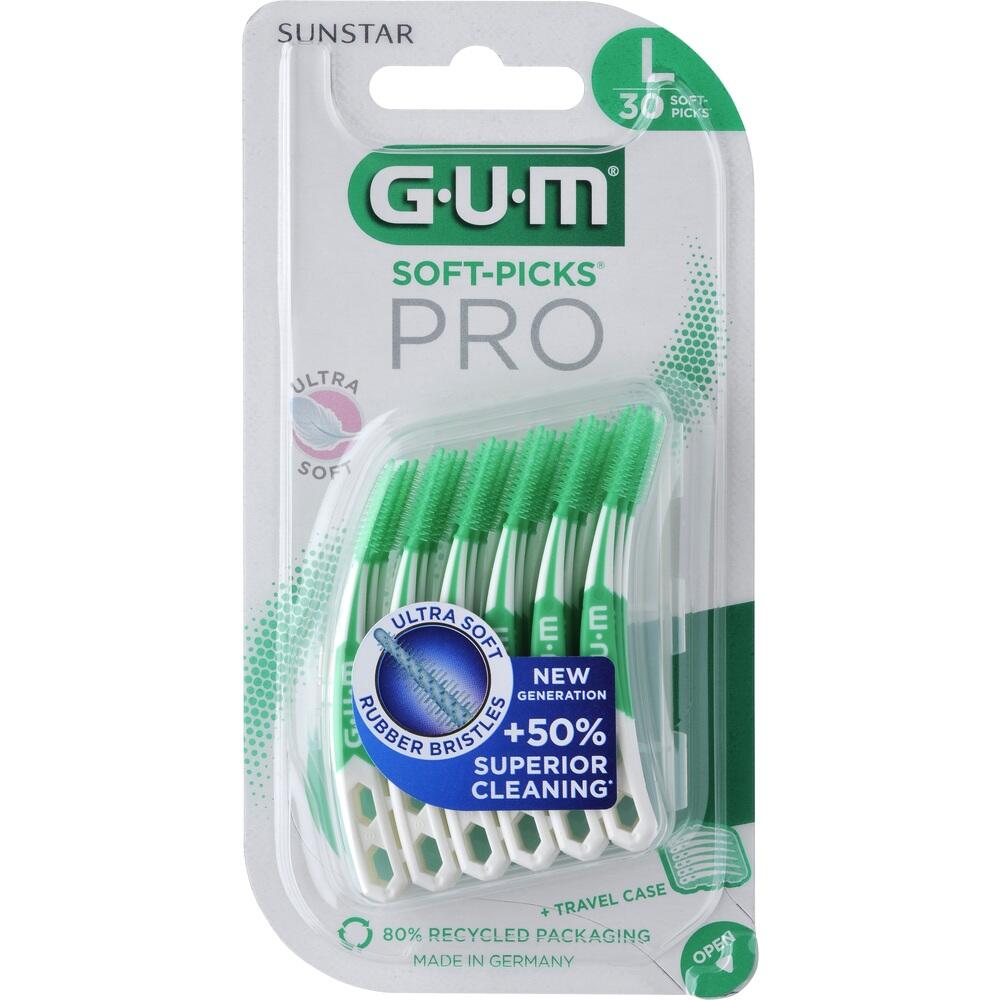 Verpackung mit gr&uuml;nen Zahnzwischenraumb&uuml;rsten der Marke GUM.