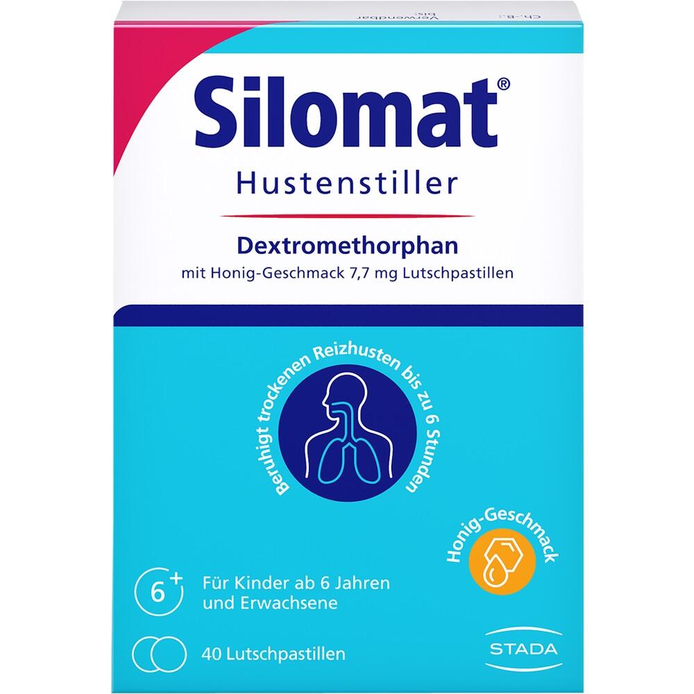 Packung von "Silomat" Hustenstillern mit Honig-Geschmack f&uuml;r trockenen Reizhusten.