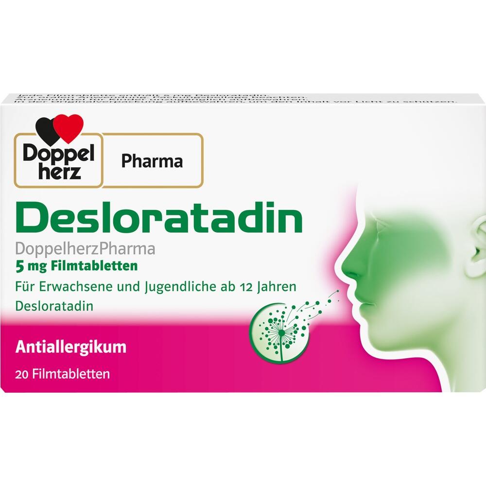 Eine Schachtel Desloratadin-Tabletten gegen Allergien mit einem gr&uuml;nen Gesicht an der Seite.