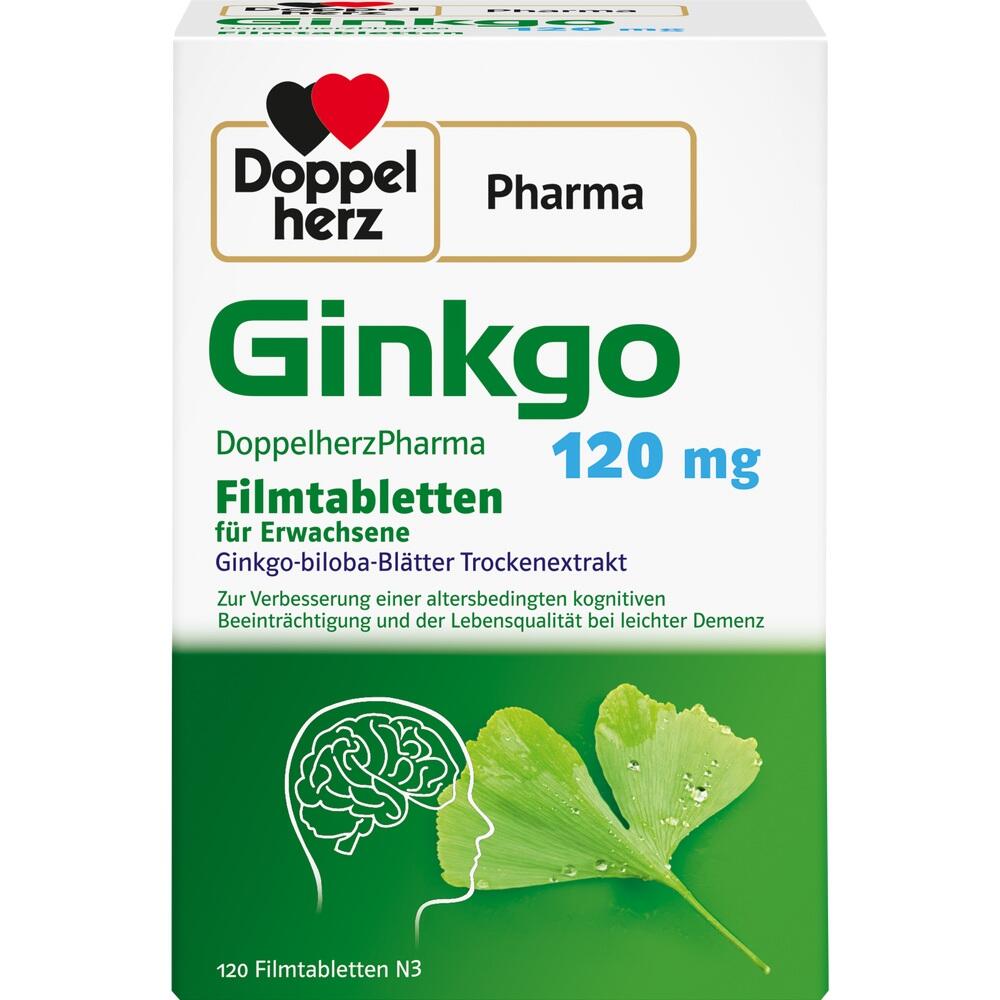 Verpackung von Ginkgo-Tabletten mit 120 mg f&uuml;r Erwachsene von Doppelherz Pharma.
