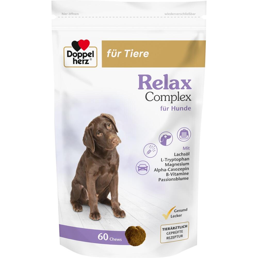 Hunde-Leckerli-T&uuml;te mit braunem Hund und Text "Relax Complex f&uuml;r Hunde".
