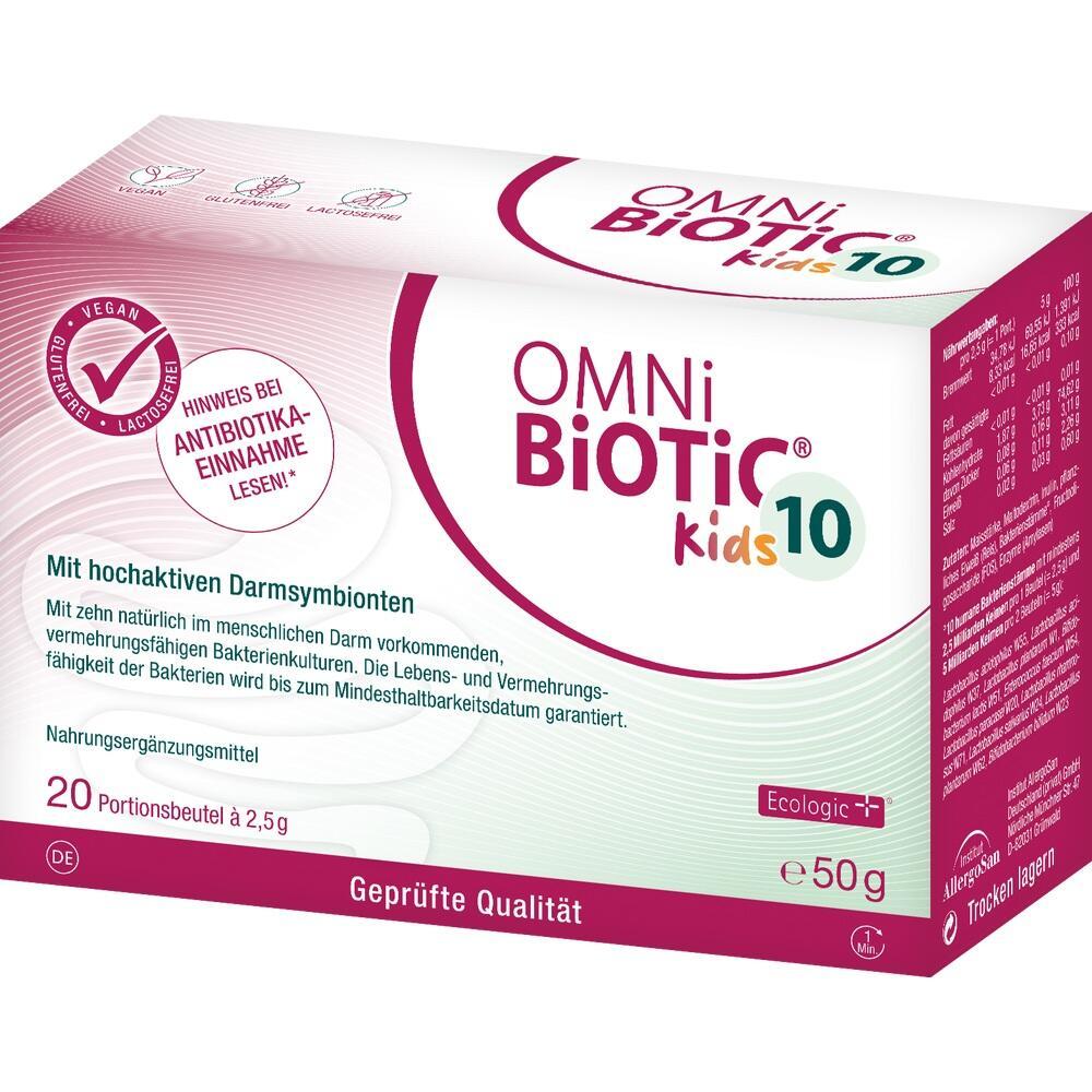 Packung von Omni Biotic Kids 10, einem Nahrungserg&auml;nzungsmittel f&uuml;r Kinder.