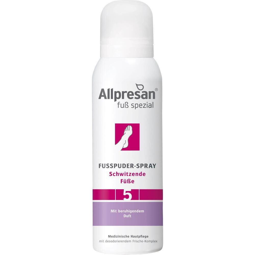 Weiße Spraydose für schwitzende Füße mit lila und pinken Details.