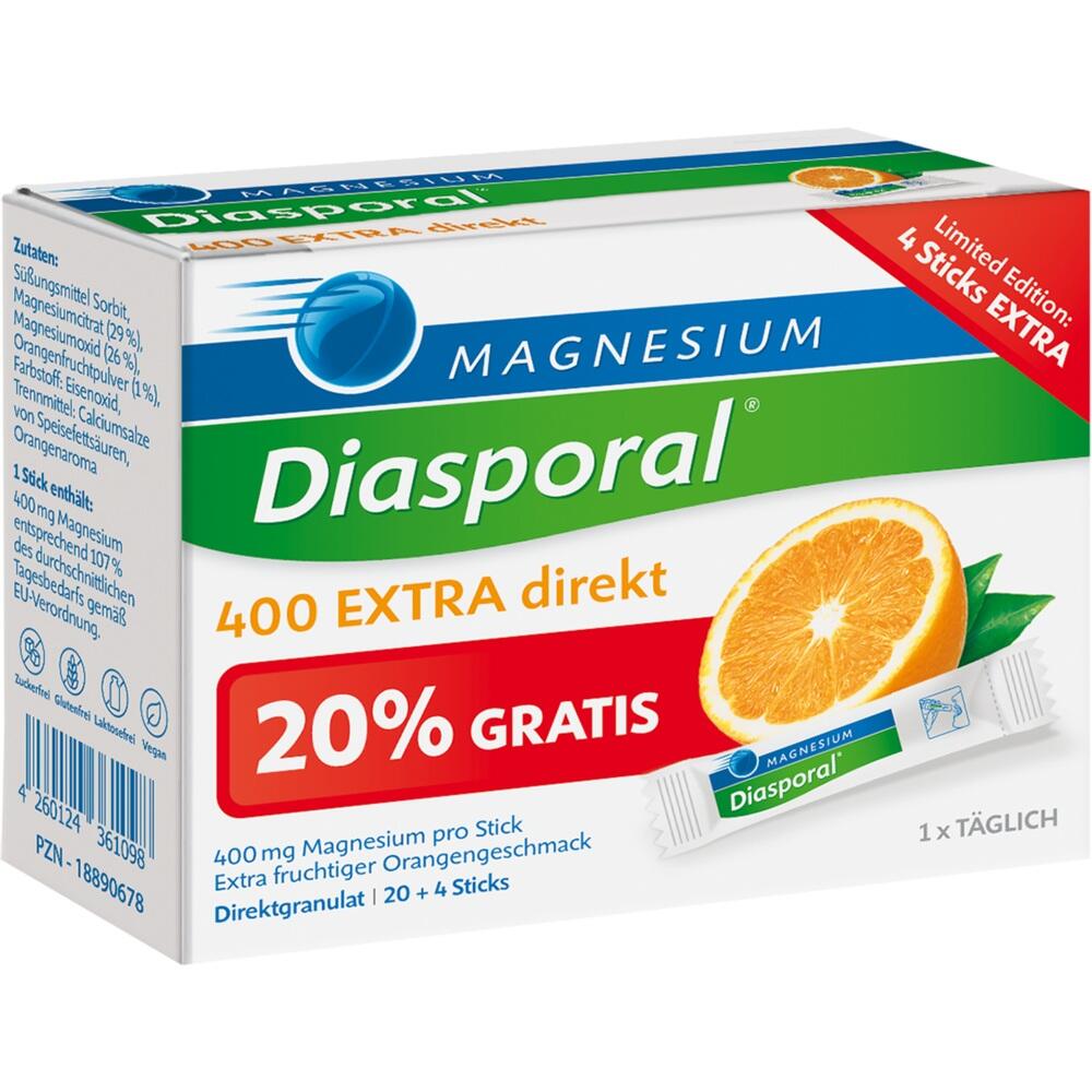 Packung Magnesium Diasporal mit Orangengeschmack und 20% gratis.