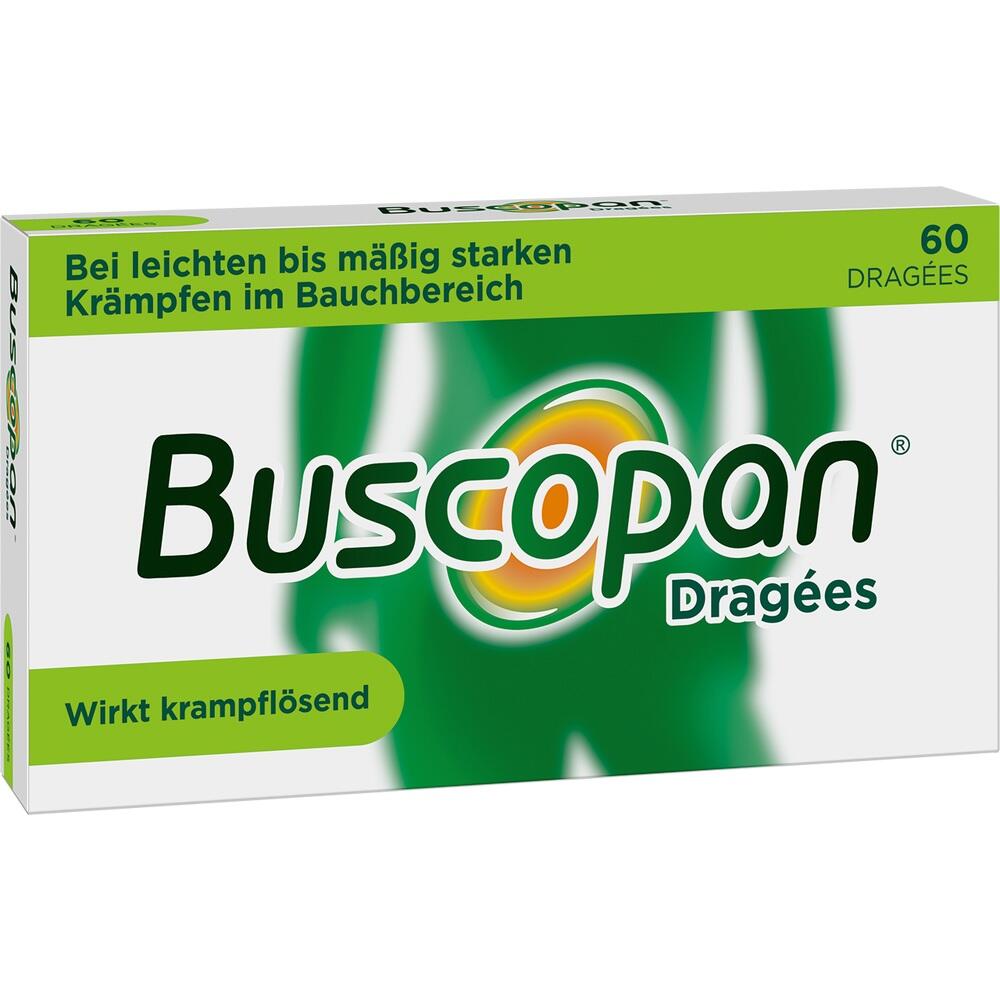 Gr&uuml;ne Medikamentenverpackung f&uuml;r Magenkr&auml;mpfe mit der Aufschrift "Buscopan Drag&eacute;es".
