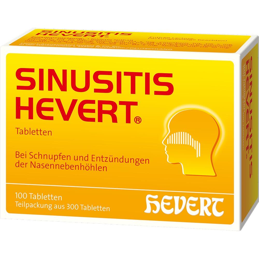 Gelbe Verpackung von Sinusitis Hevert Tabletten gegen Nasennebenh&ouml;hlenentz&uuml;ndung.