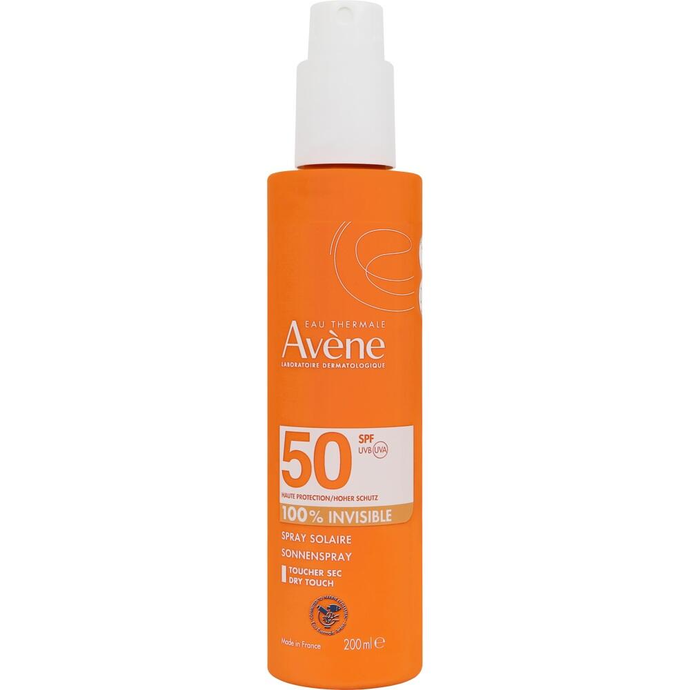 Eine orangeflasche mit Sonnenspray LSF 50 von Av&egrave;ne.