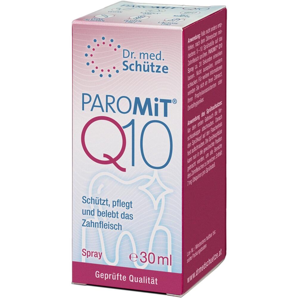 Eine Verpackung von ParoMit Q10 Spray mit Abbildung eines Zahns.