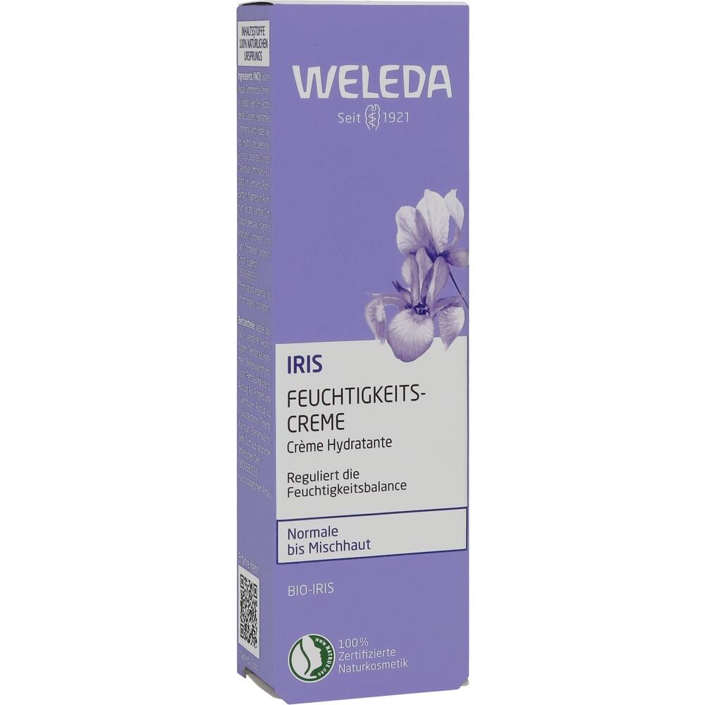 Lila Verpackung einer Weleda Iris Feuchtigkeitscreme für normale bis Mischhaut.