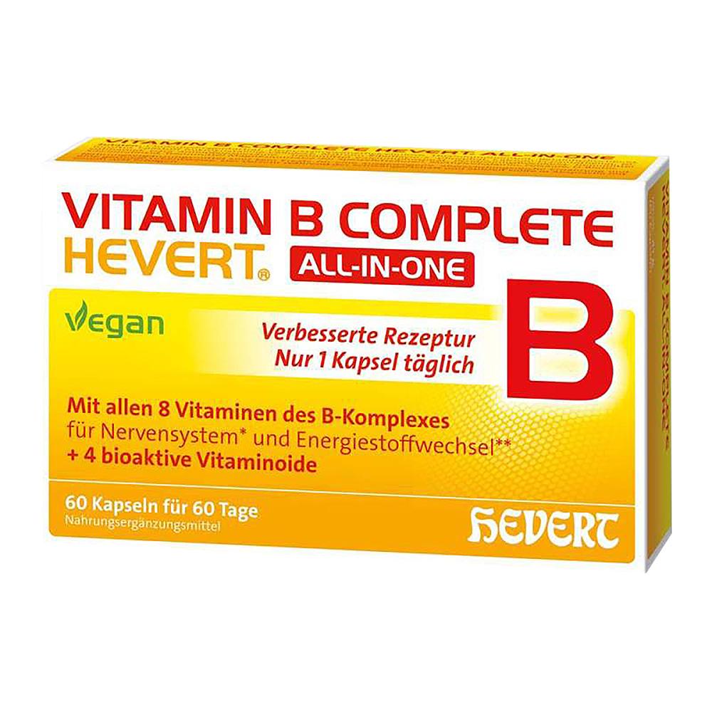 Gelbe Vitamin-B-Komplex-Verpackung von Hevert f&uuml;r vegane Nahrungserg&auml;nzung, 60 Kapseln.