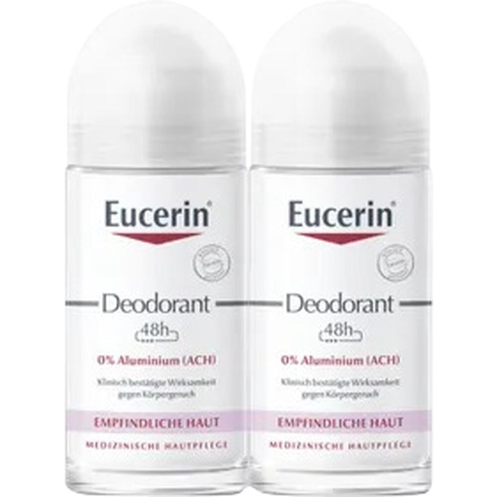 Zwei wei&szlig;e Deodorantflaschen der Marke Eucerin f&uuml;r empfindliche Haut.