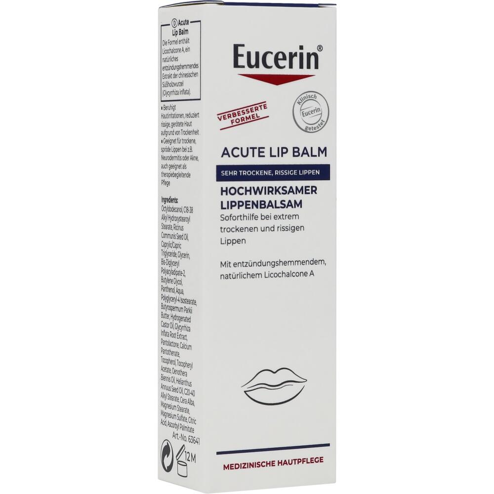 Eine wei&szlig;e Packung Eucerin Lippenbalsam f&uuml;r sehr trockene Lippen.