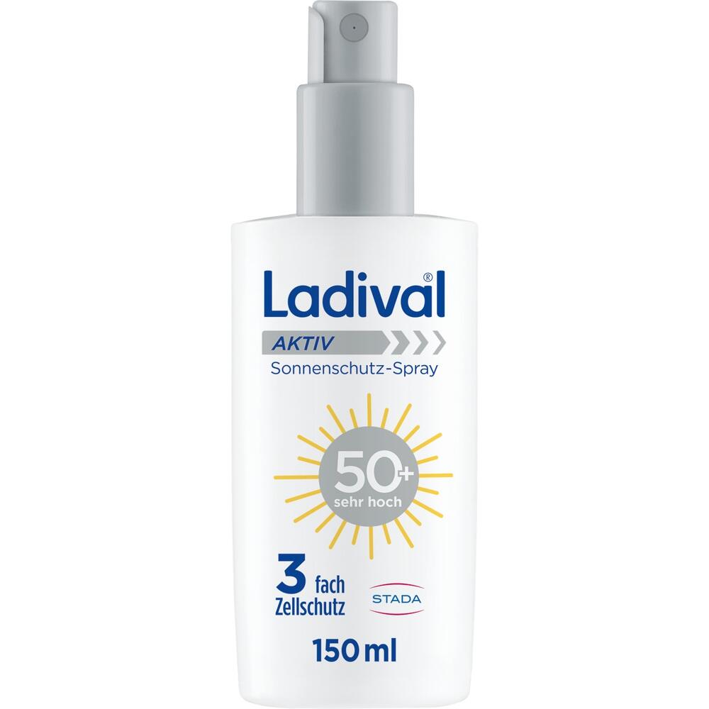 Eine wei&szlig;e Flasche Ladival Sonnenschutz-Spray mit LSF 50+.