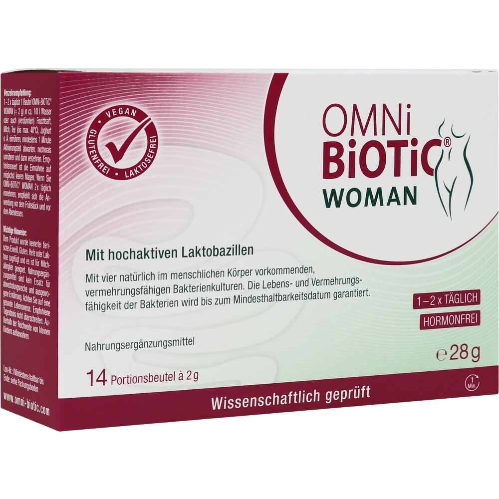 Wei&szlig;e Verpackung von "Omni Biotic Woman" mit Informationen zu Lactobazillen.