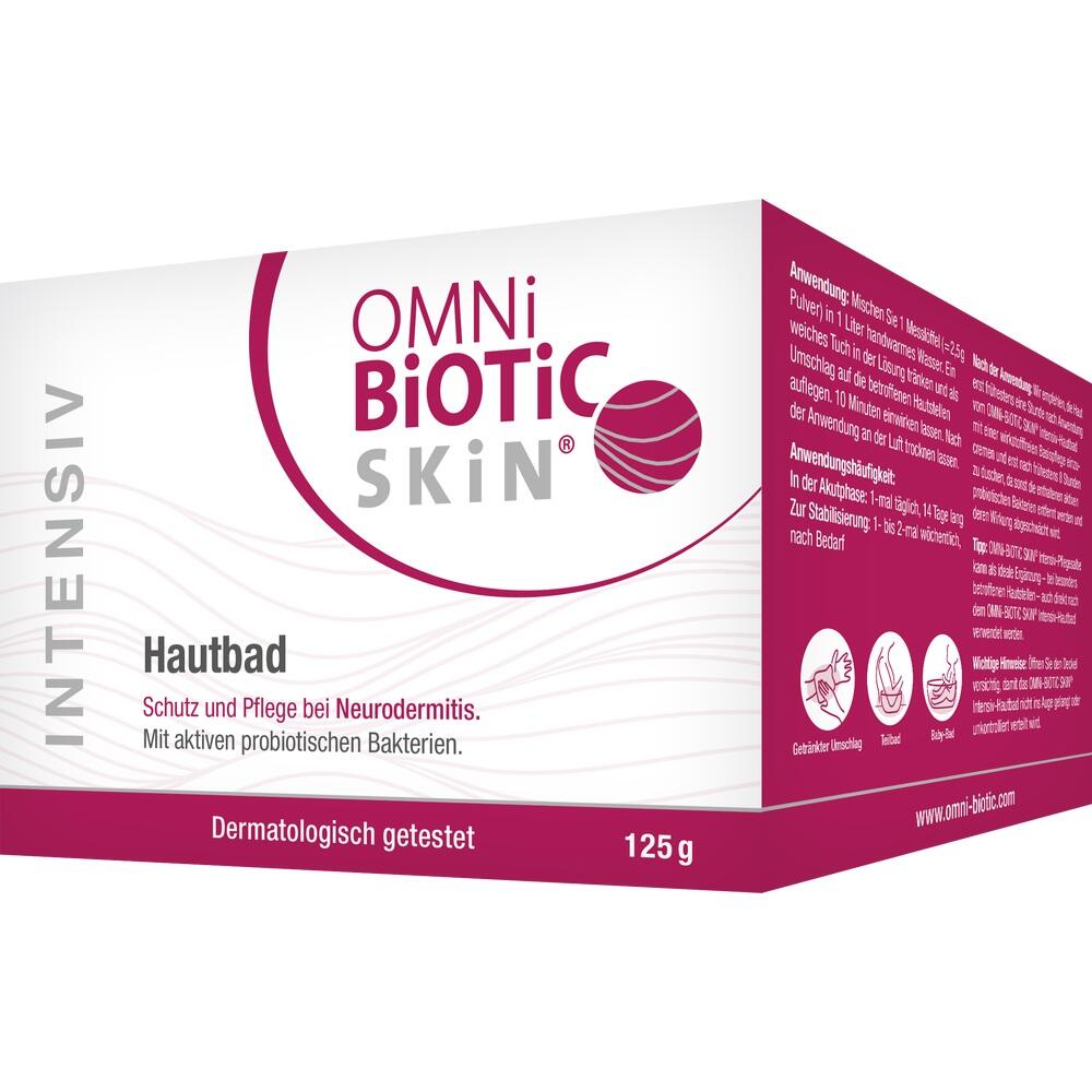Ein Paket Omni Biotic Skin Hautbad f&uuml;r Neurodermitis-Pflege mit Probiotika.