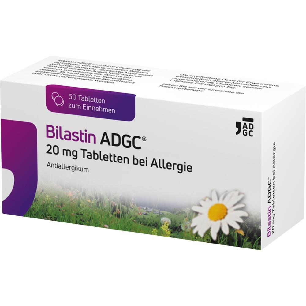 Wei&szlig;e Packung von Bilastin ADGC, Antiallergikum mit 20 mg Tabletten.