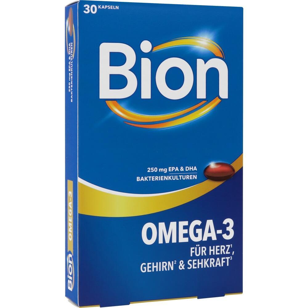 Blaues Bion Omega-3 Verpackung mit 30 Kapseln f&uuml;r Herz, Gehirn und Sehkraft.